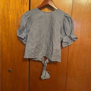 Express Blue Linen Blend Puff Sleeve Open Back Tie Blouse small
